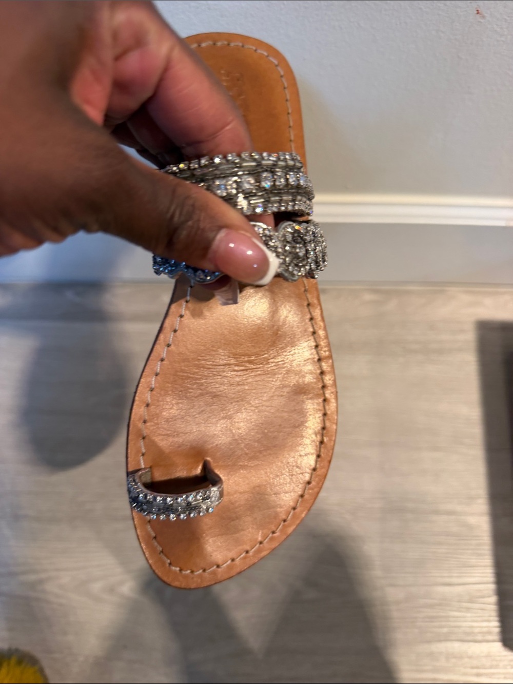 Embellished Tan Leather Toe-Ring Flat Sandal with Crystal Straps